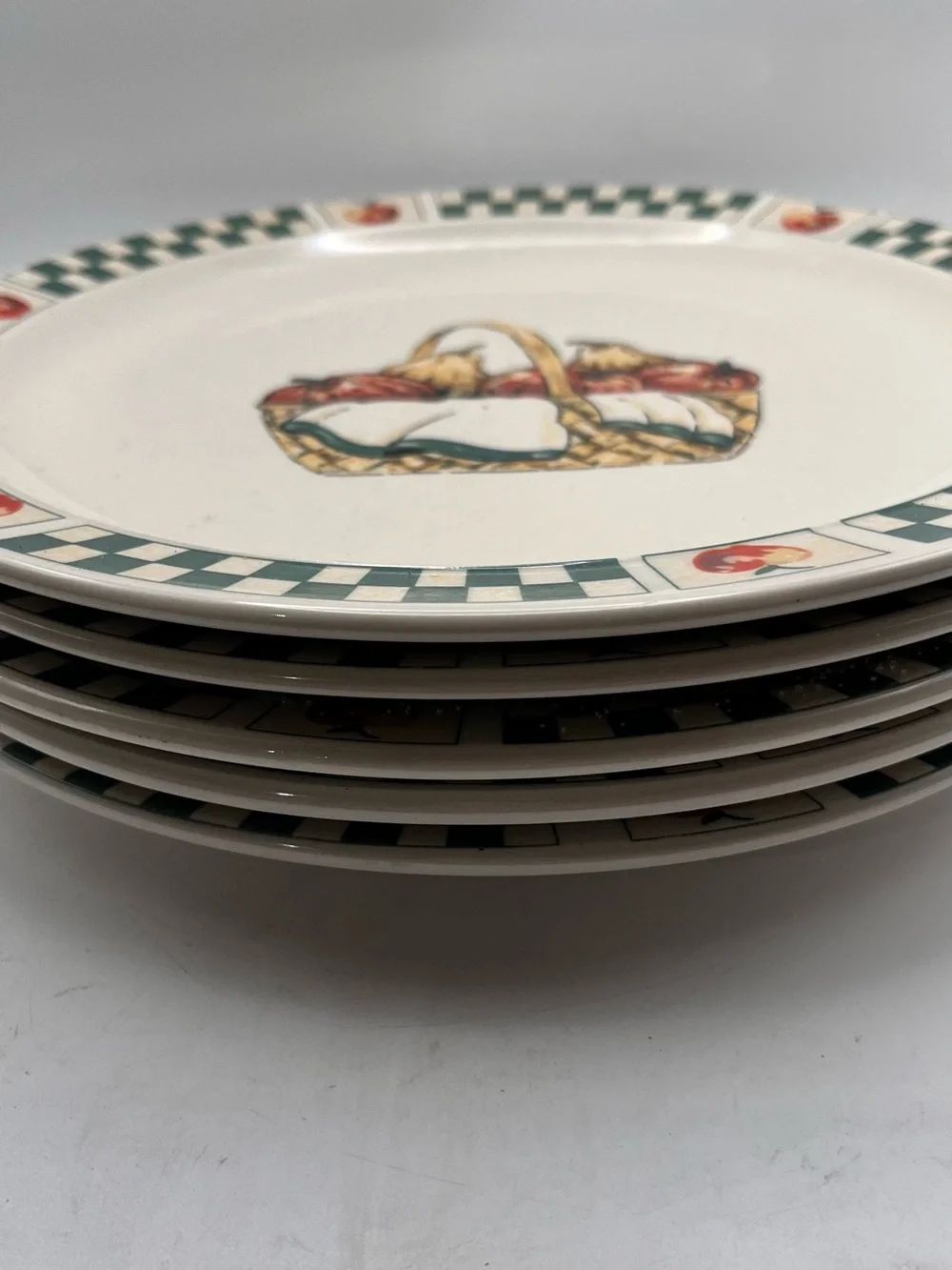Gibson Cream Dinner Plate with Green Check Rim and Fruit Basket